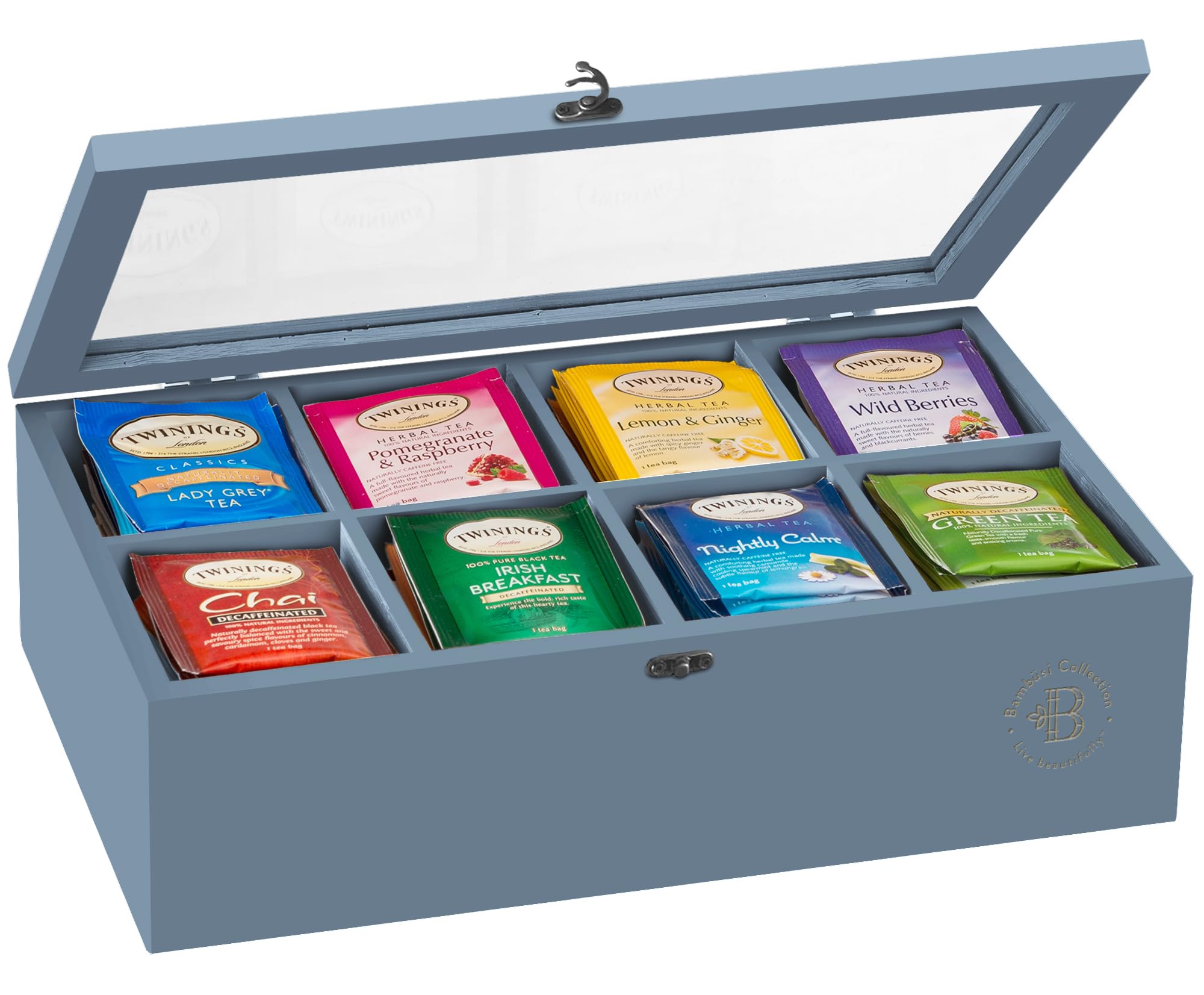 Bambsi Tea Bag Organizer - Bamboo Tea Box Organizer Storage Box, Tea Bag Holder with Acrylic Window, Magnetic Lid Keeps Tea Bags Fresh - Tea Organizer Caddy (Tea Not Included) Christmas Gift - Grey