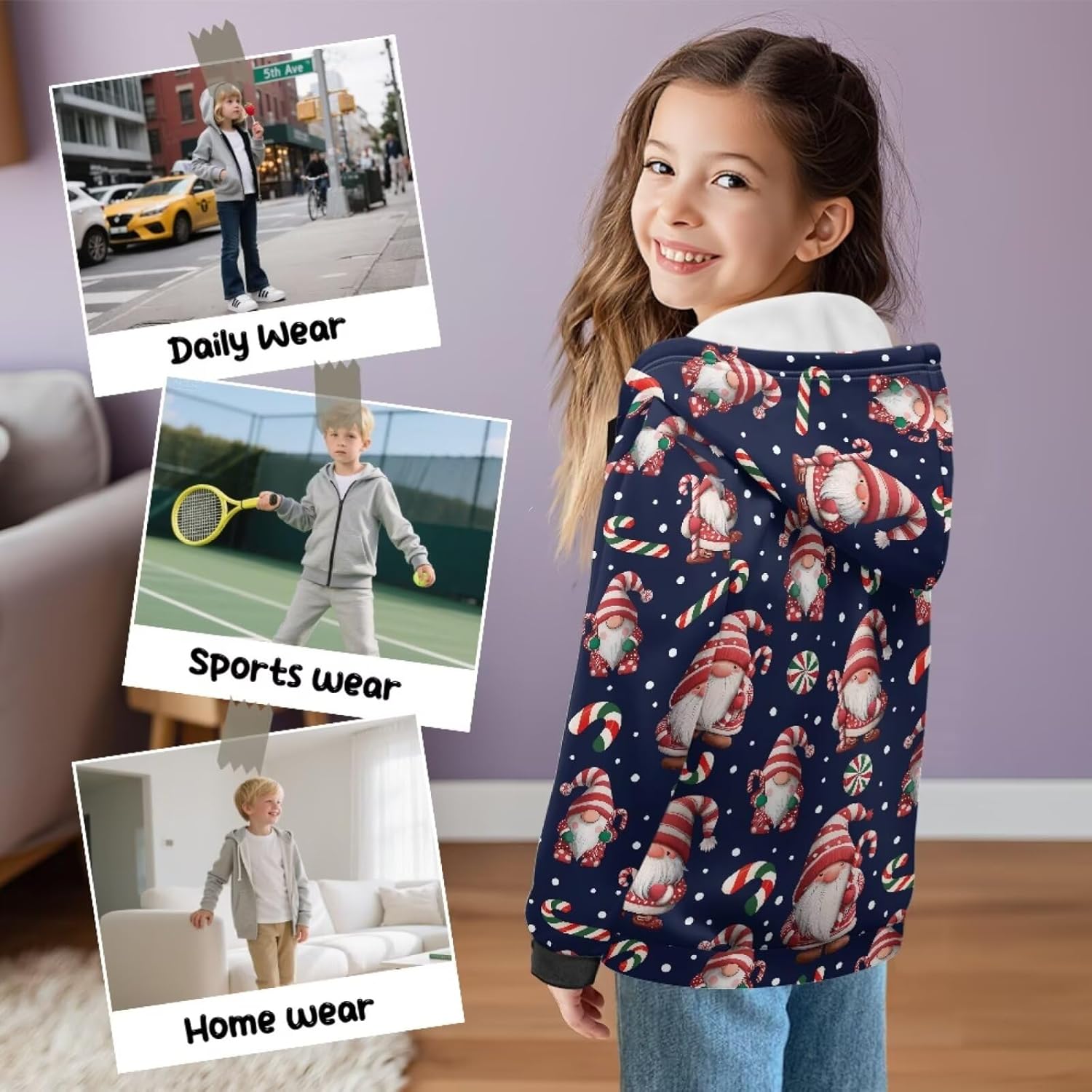Christmas Hooded Sweatshirt Soft Zip-Up Fleece Hoodie Sweatshirts Jackets for Boys Girls 6-13 Years