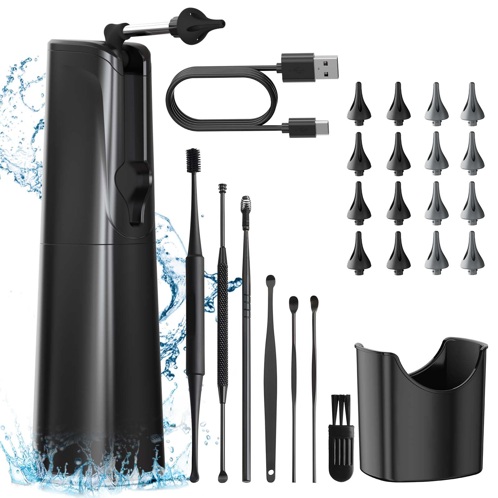 Ear Wax Removal Cleaning Kit - BANKKY Electric Ear Flush with 7 Pcs Ear Pick Tools &16 Replaceable Eartips and 3 Cleaning Modes, Water Powered Wash Machine for Adults & Kids, Safe & Effective