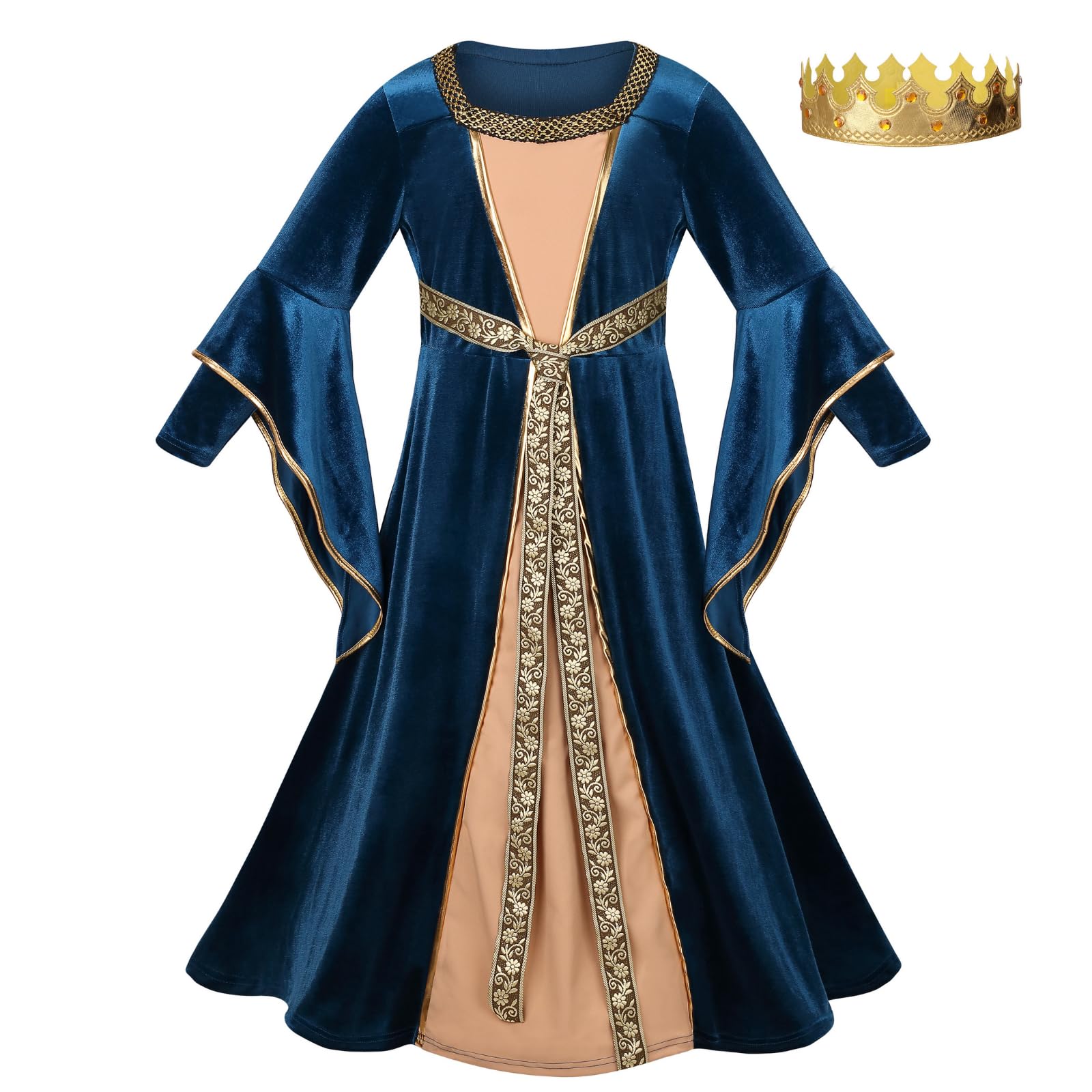 DELIVESS Girls Medieval Dress Renaissance Princess for Kids Halloween Outfit Costume 2 PCS (Dark Blue, L)