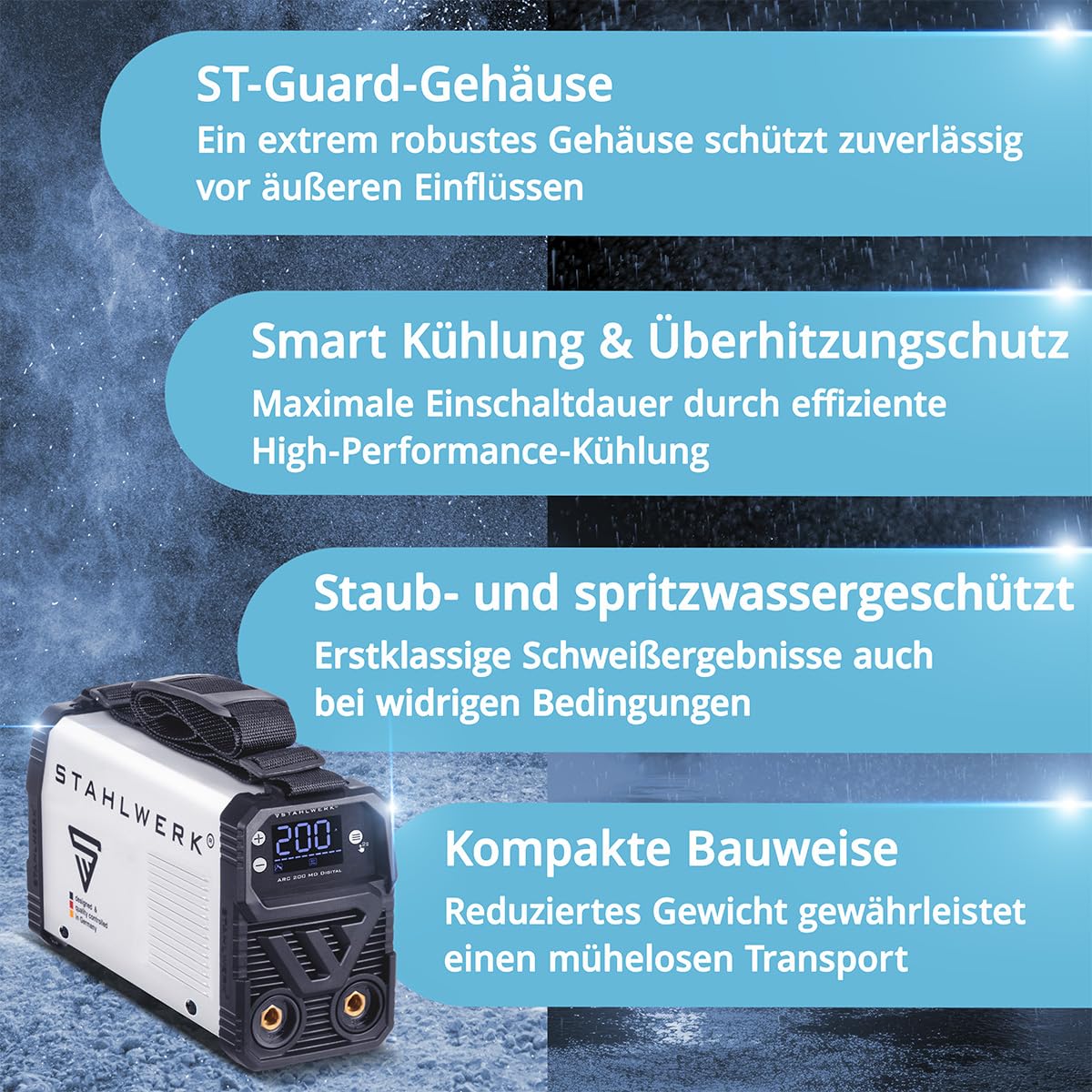 STAHLWERK Elektroden-Schweißgerät ARC 200 MD Digital – MMA (E-Hand) & Lift-TIG (DC) bis 200 A, flexibel einsetzbar ohne Gas, ARC-Force, Hotstart, Anti-Stick, Smartkühlung & Überhitzungsschutz