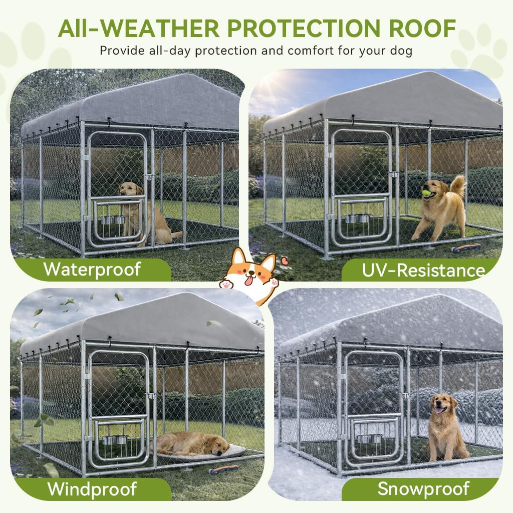 COMHOMA 7.5×7.5FT Outdoor Dog Kennel with Adjustable Bowls Feeder Heavy Duty Extra-Large Dog Enclosure with Roof & Lock All Weather Resistant for Medium Large Dogs