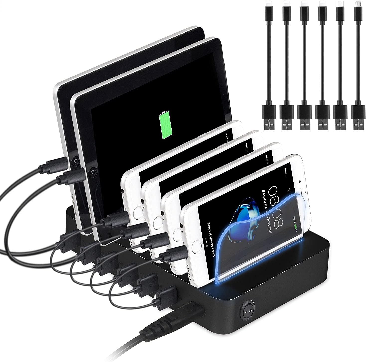 Charging Station Dock & Organizer for Cellphone Tablet Earphone MP3 MP4, PRITEK 6 Ports Multiple USB Charger Station & Phone Docking Station with Charging Status Indicator + 6pcs USB Cables (Black)