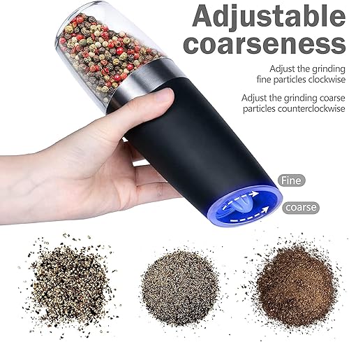 Miniatura 6 de Gravity - Juego de molinillo eléctrico de pimienta y sal con soporte, automático, grosor ajustable, funciona con pilas con luz LED, operación