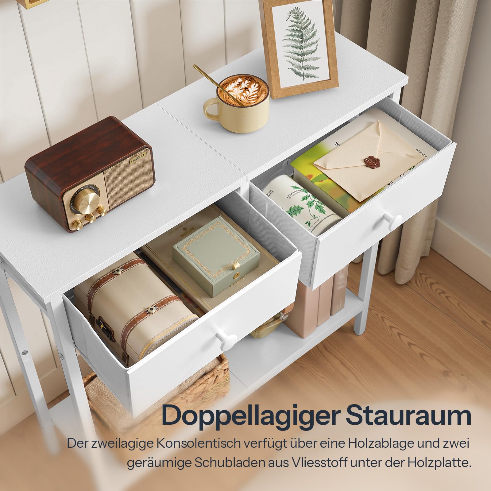 HOOBRO Konsolentisch, schmaler Beistelltisch mit 2 Stoffschubladen, 75 cm Flurtisch, Sofatisch im Industriestil, für Eingangsbereich, Wohnzimmer, Flur, Weiß EWW71XG01