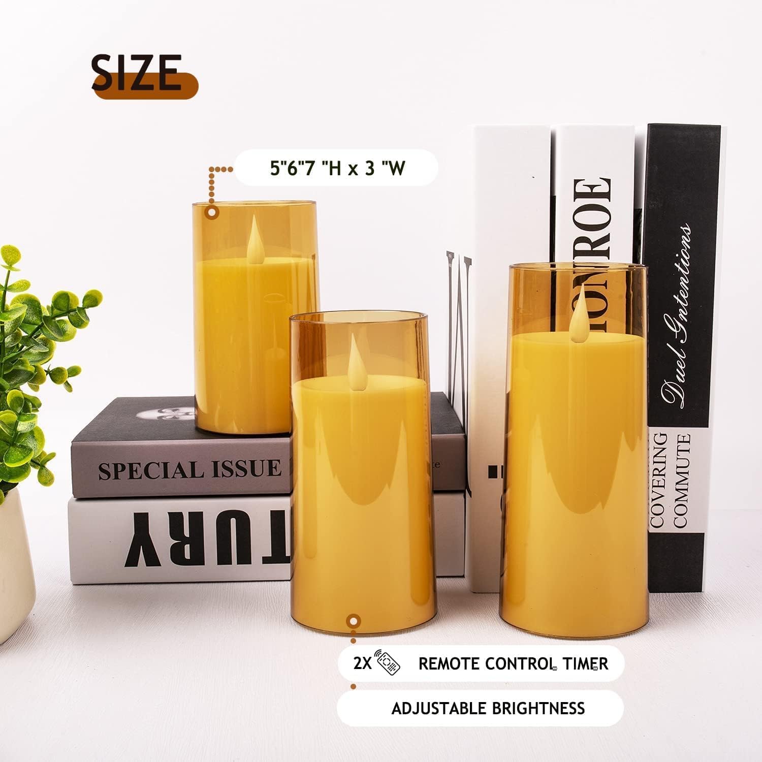 salipt LED Flameless Pillar Candles Battery Operated with Remote and Timer, Set of 3(D: 3" x H: 5" 6" 7") Plexiglass LED Flickering Candles with 3D Flame, Amber…