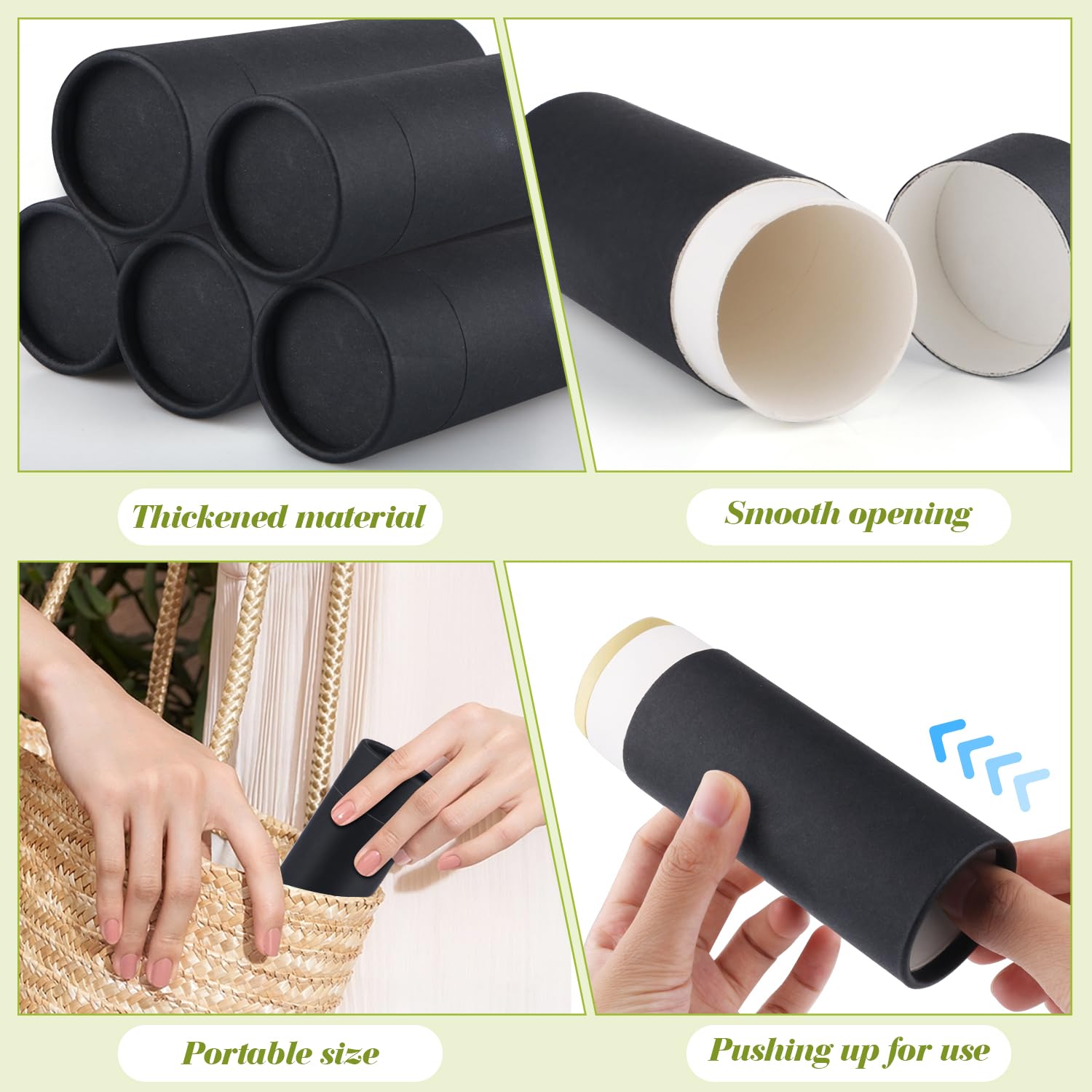 8 recipientes de desodorante de cartón negro de 75 g, tubos de perfume sólidos de papel kraft vacíos, tarros redondos de loción corporal, botella de barra de laca para el cabello, contenedor