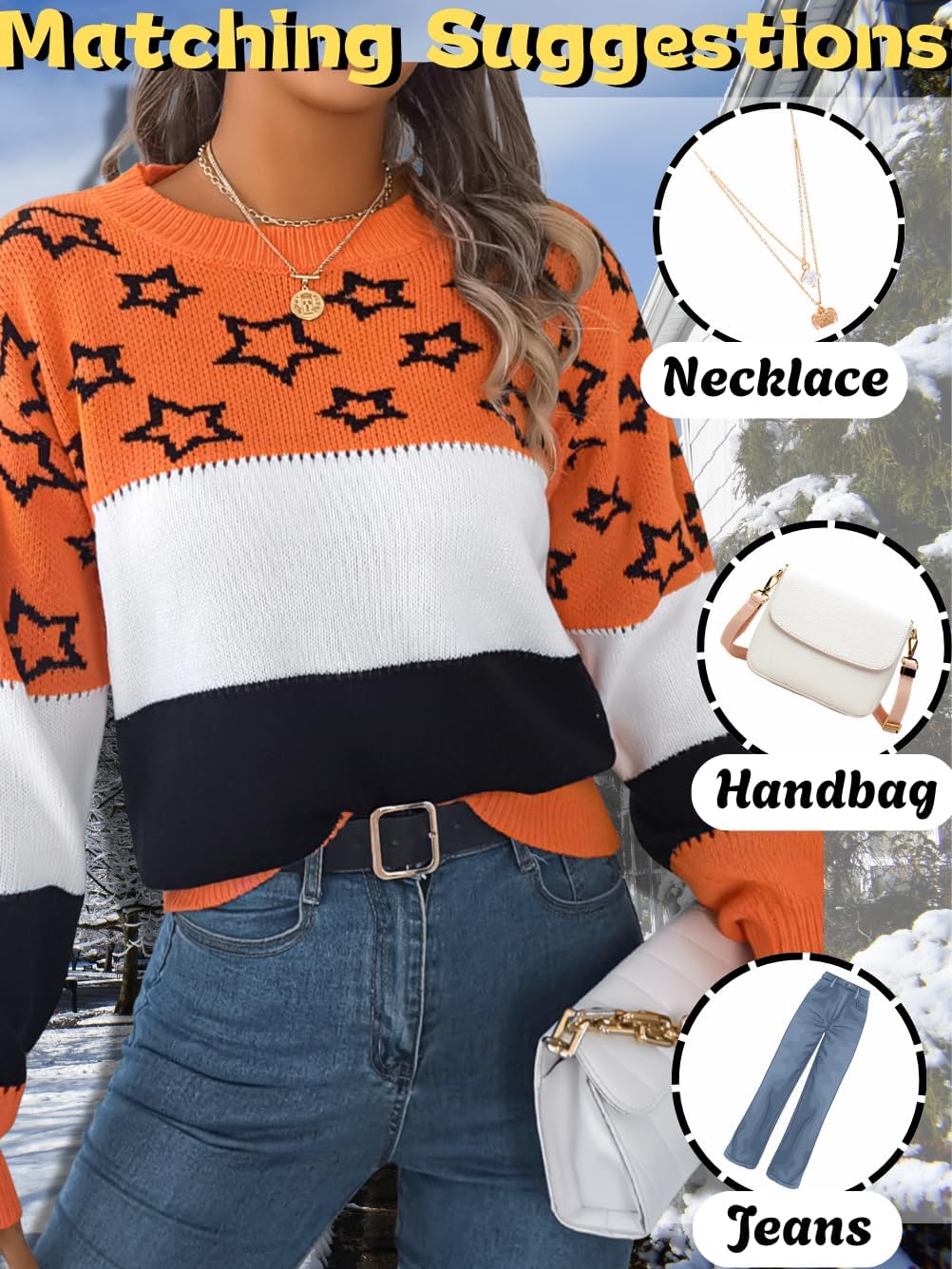 Star Sweater,Color Block Crew Neck Fall Sweaters for Women,Cute Long Sleeve Knit Tops - Image 5