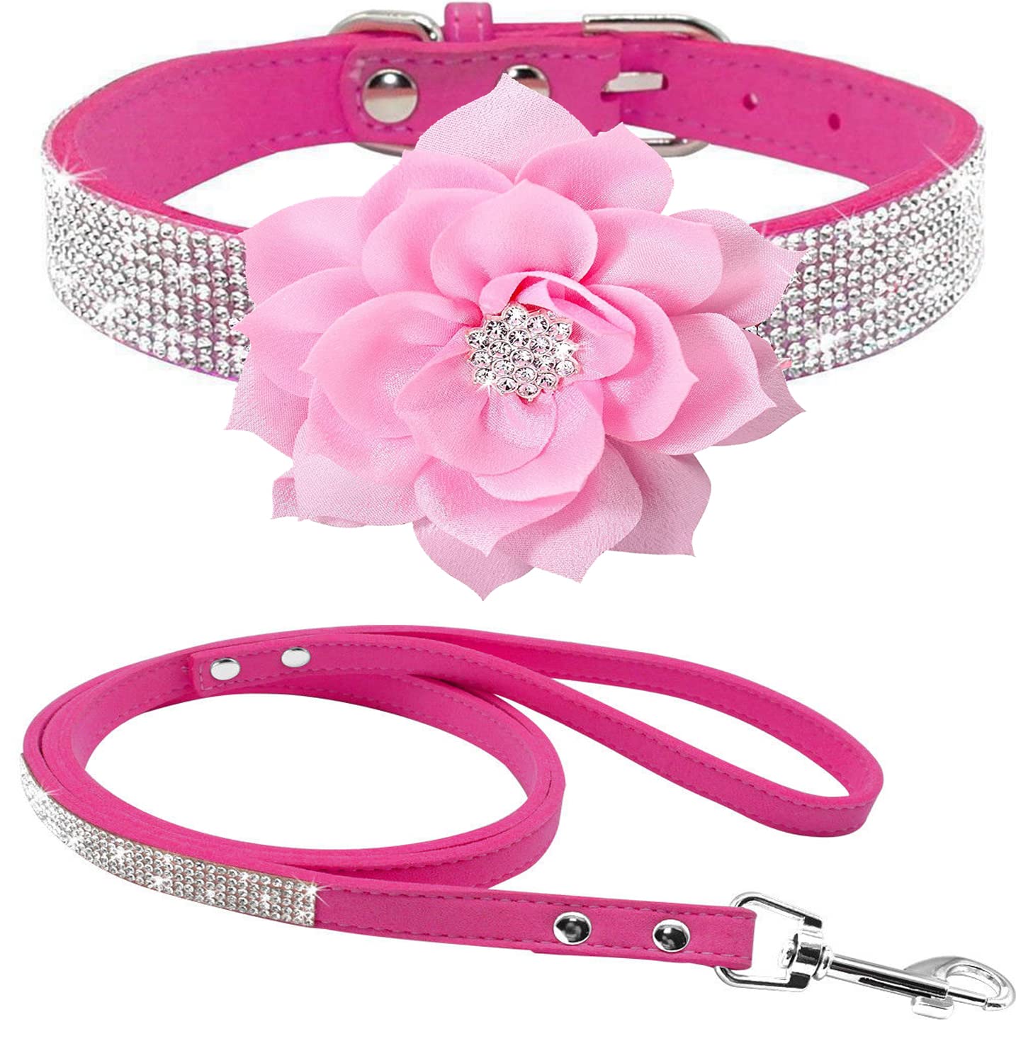 Serijoars Cute Dazzling Sparkling Elegant Fancy Soft Suede Leather Bling Rhinestone Crystal Jeweled Pet Cat Dog Puppy Collar Dog Leash Combo Set (M: