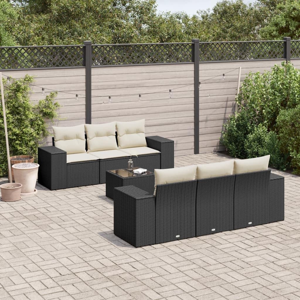 Juego de sofás modulares de jardín con mesa de cristal, color negro, incluye cojines