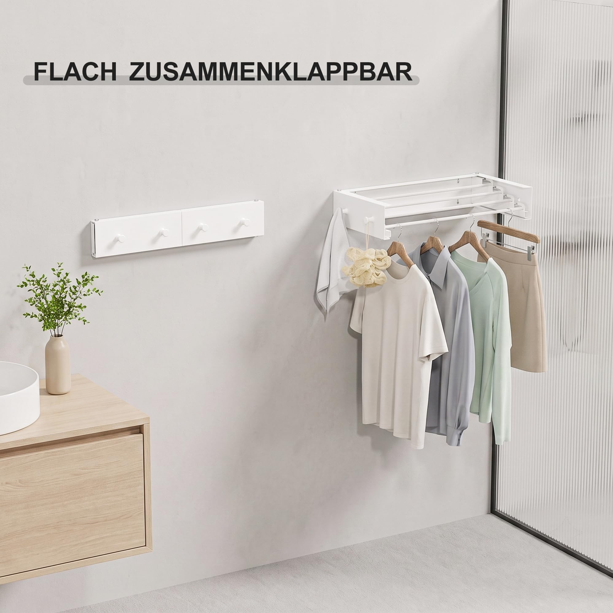 RFOUO Wandwäschetrockner 50 cm mit Haken, klappbarer Wandtrockner, Weiß
