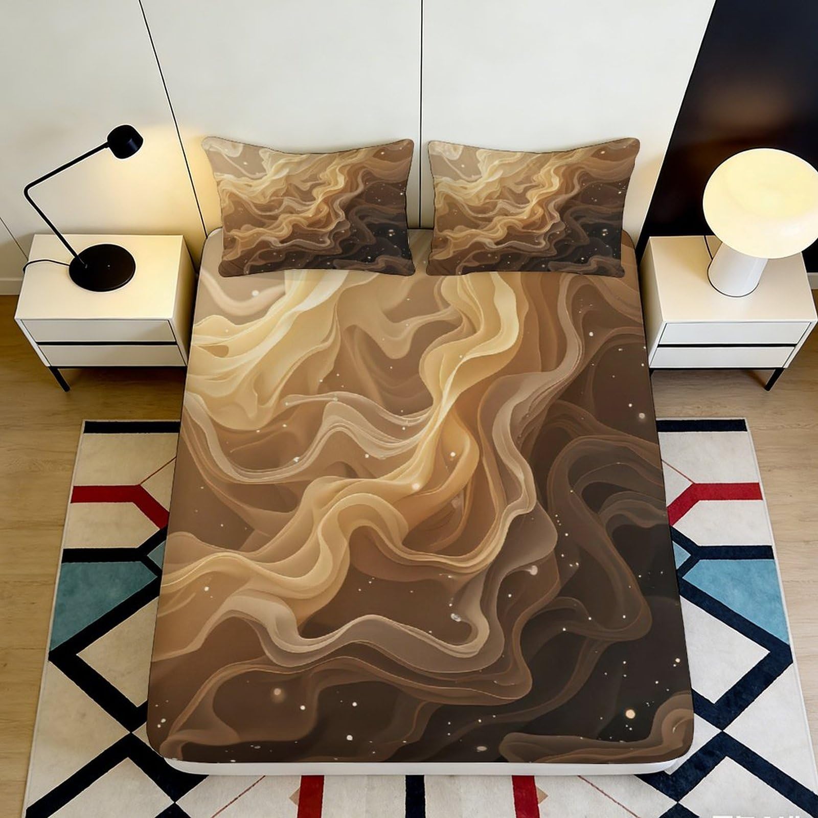 3D Printed Swirl Marble Fitted Sheet Microfiber Brown Abstract Mattress Cover for Bedroom Dorm Decorative Protection 90x200x25cm