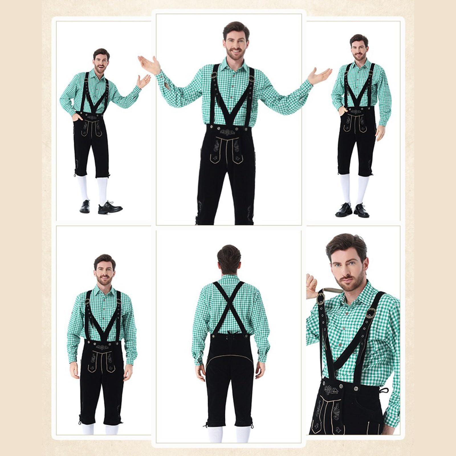 Generisch Oktoberfest Herren Outfit, traditionelles Bayerisches Hosenträgerhosen-Set mit klassischem Karohemd, komfortable Passform für langanhaltende Festnutzung und Rollenspiele