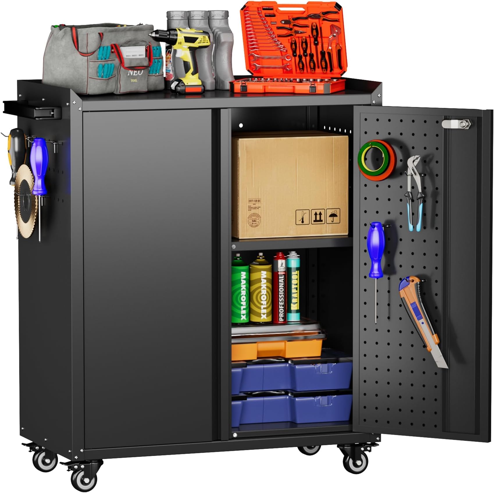 Aobabo 31.5" H Garage Storage Cabinet with Wheels,Lockable Metal Storage Cabinet with 2 Doors for Garage Home Office Storage,Black,Assembly Required
