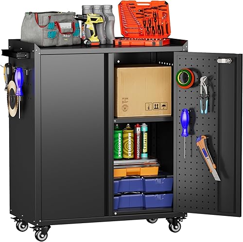 Miniatura 17 de Aobabo Armario de almacenamiento de garaje con tablero de clavijas de puerta, armario de almacenamiento de metal con cerradura con 5 estantes