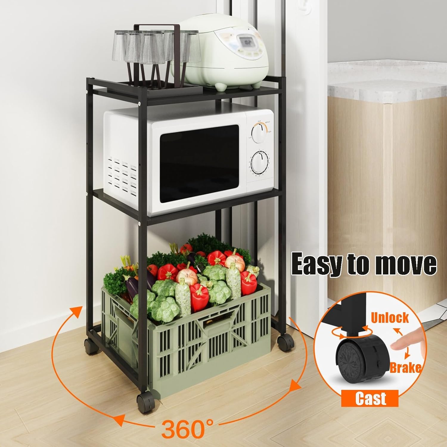 Foldable Metal Storage Shelves Organizer, Portable Adjustable Microwave Stand On Wheels, Mini Fridge Shelf Storage Rack, for Laundry Dorm Kitchen Pantry