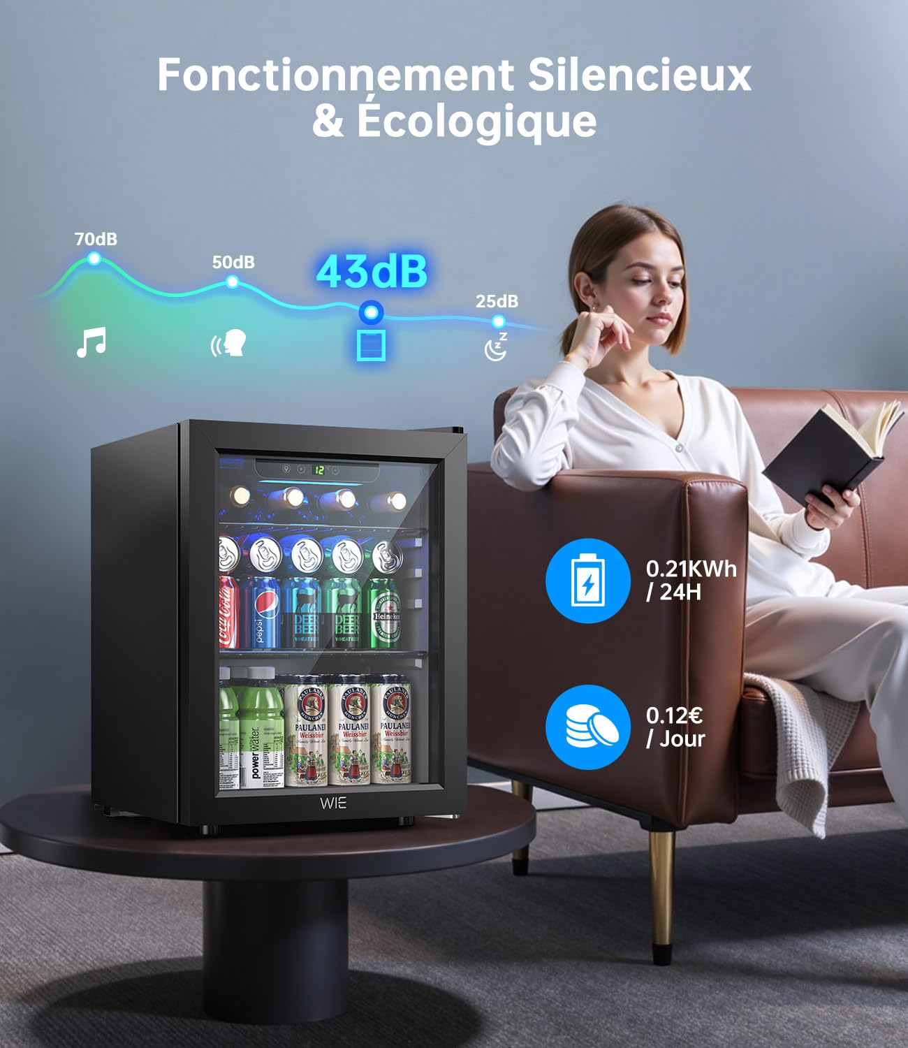 Armoire Vitrine Réfrigérée 48L 68 Cans Mini Frigo avec LED Étagères Réglables Silencieux pour Vin Cannette Bière