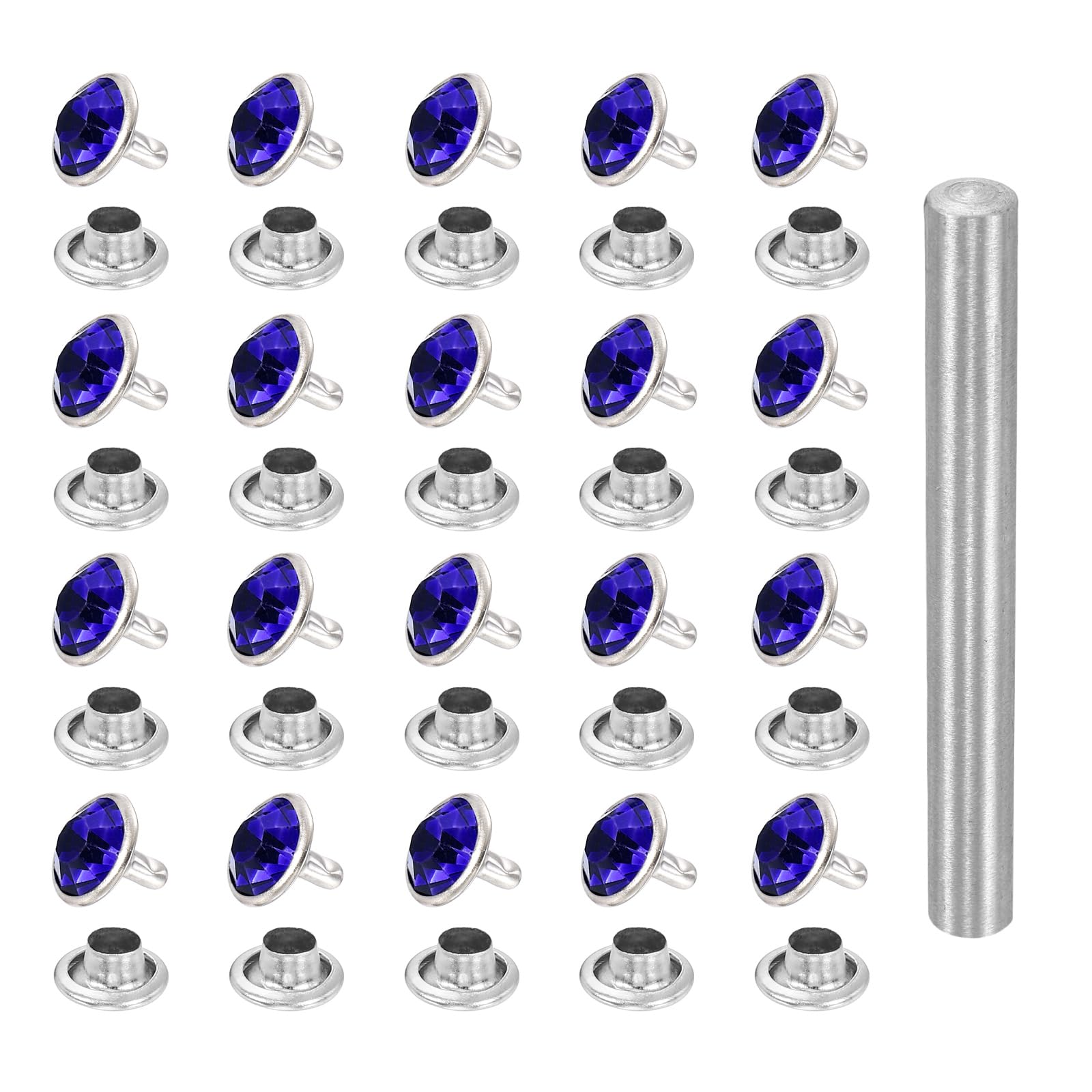 sourcing map 100pcs Crystal Rivets 10mm Rhinestone Rapid Stud Rivets with Steel Installation Tool for Clothing Fabric Arts Crafts Decoration Leathercraft DIY, Silver Dark Blue โ image 1