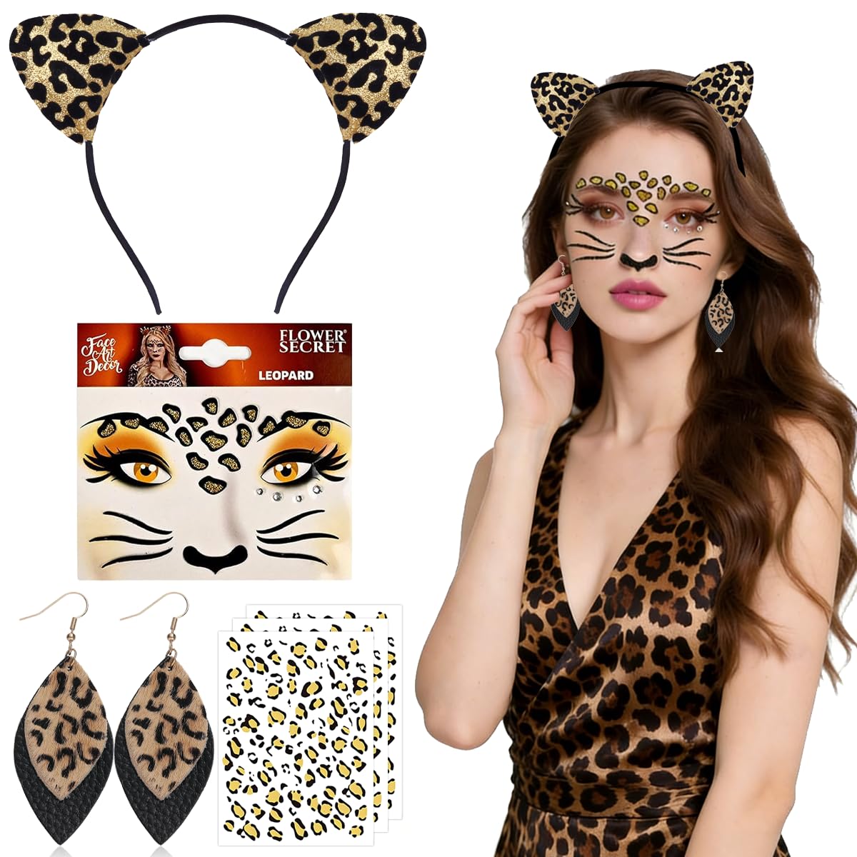 ZappelStift 7 Pcs Leopard Print Costume Kit,Leopard Accessory Set Ears Headband Face Sticker Earings,Animal Fancy Dress Set for Carnival Cosplay Party
