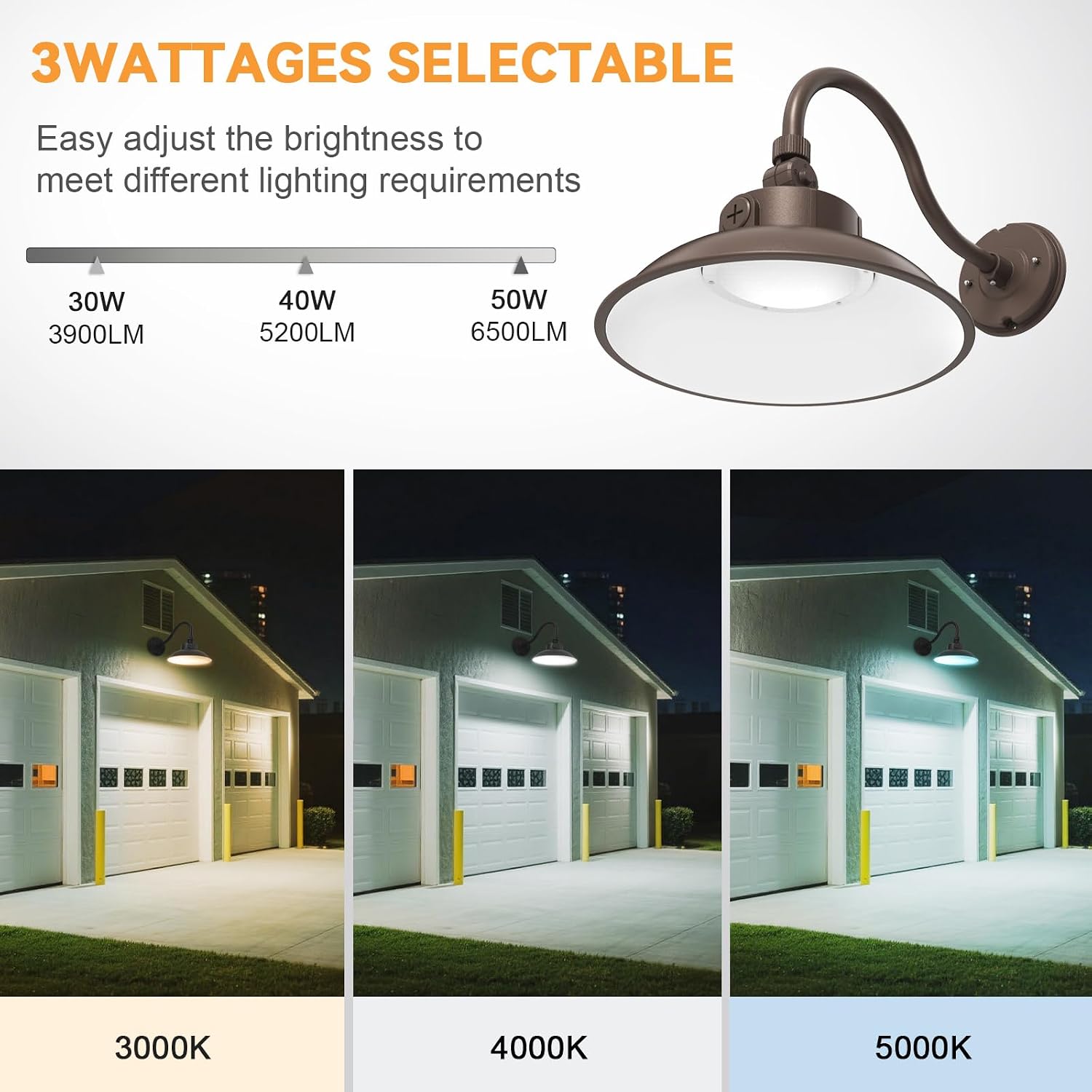 LED Gooseneck Barn Light, Dusk to Dawn Outdoor Wall Light, IP65 Waterproof, 6500LM 50W, 3000K-5000K, 0-10V Dimmable, UL Listed, Bronze Wall Sconce for Porch Garage Farmhouse, 1Pack