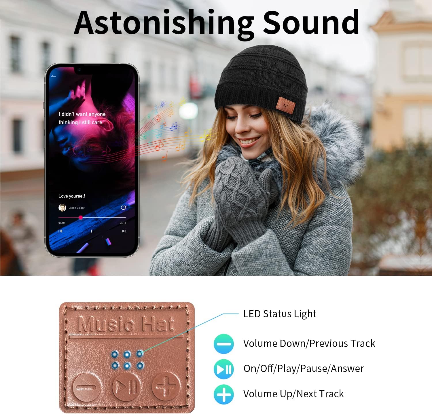 Wireless Beanie Hat, Men Gifts Wireless 5.2 Headphone Unique Gifts Wireless Hat for Men Winter Knit Hats Tech Gifts Mens Gift Ideas Christmas Stocking Stuffers Gifts for Men Women Teen Boys Black - Image 2