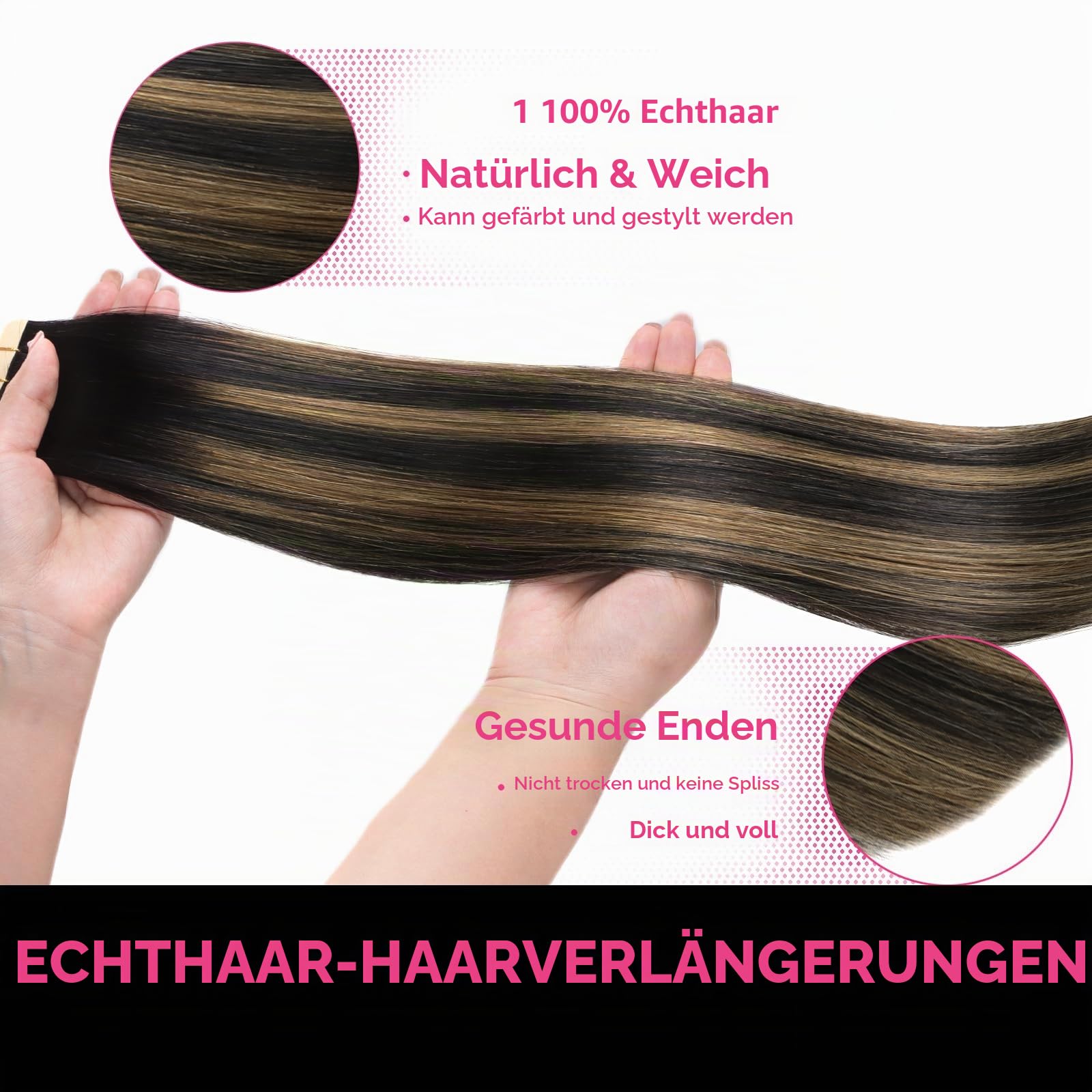 Lashey Tape Extensions Echthaar 40cm(16zoll) 20pcs 50g Glatt Echthaar Tape Extensions Balayage Natürliches Schwarz bis Hellblond Haarverlängerungen Echthaar für Frauen Invisible Tape ins