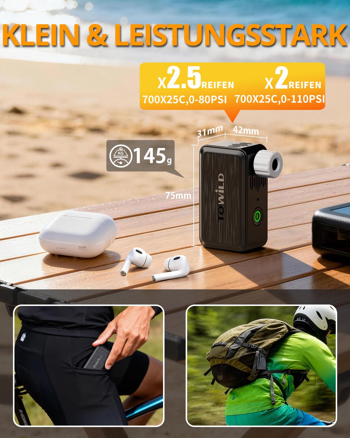 TOWILD A05 Elektrische Fahrradluftpumpe 130 PSI - Mini Luftkompressor mit LED-Licht - Tragbare Fahrradpumpe mit 2×400 mAh Akku, USB-C Aufladung, Presta & Schrader Ventil für E-Bike, MTB, Rennrad