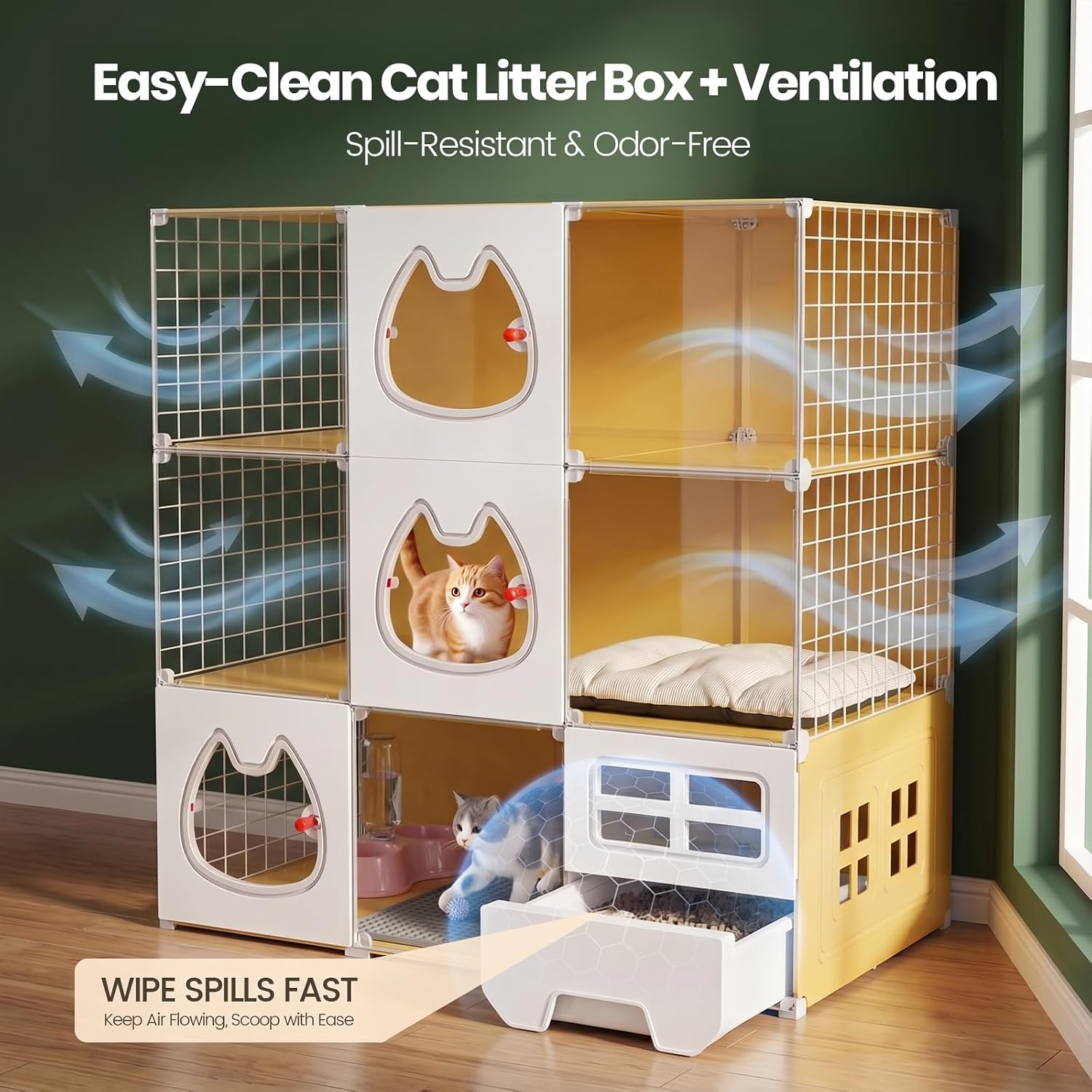3 Tier Indoor Cat Cage with Litter Box, Cat Enclosure Clear Window image 3