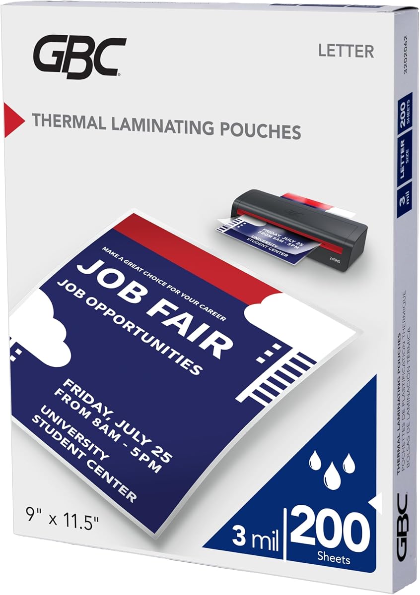 GBC Laminating Sheets, Thermal Laminator Pouches, 3 Mil, Fits Letter Size Paper 9 x 11.5 Inch, 200 Count (3202062D)