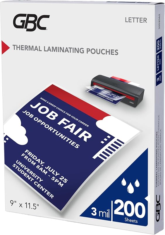 GBC Laminating Sheets, Thermal Laminator Pouches, 3 Mil, Fits Letter Size Paper 9 x 11.5 Inch, 200 Count (3202062D)