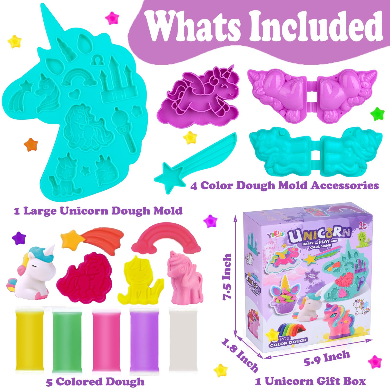 Unicorn Play Dough Sets for Kids Ages 2-4, Play Color Dough Ice Cream Tool Kit with Clay Molds and Tools, Arts and Crafts Playdough Accessories Birthday Christmas Gifts