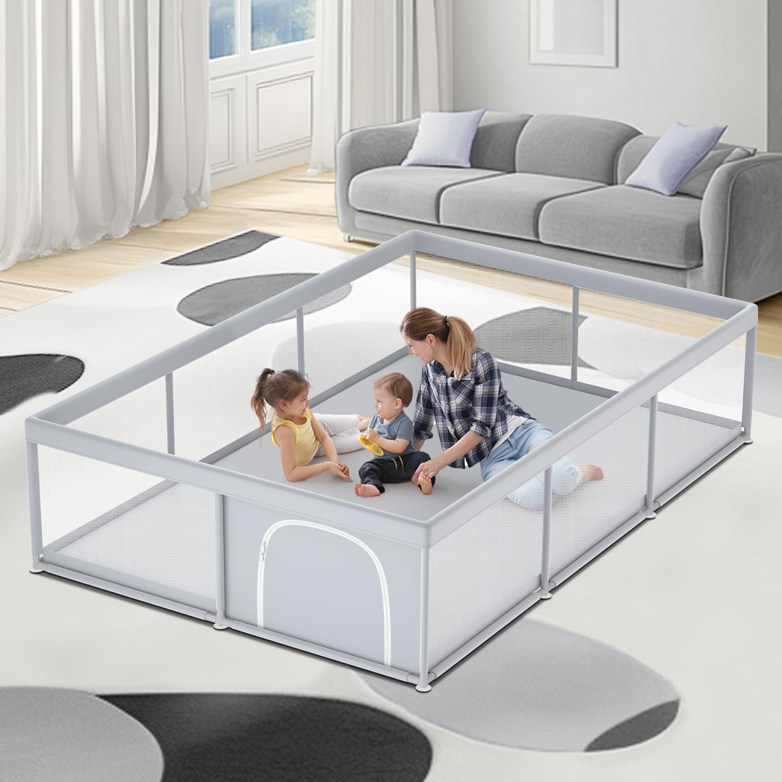 Fshibila74"×50" Large Baby Playpen, Baby Play Pen for Babies and Toddlers, Baby Play Yard for Indoor & Outdoor, Sturdy Safety Playard with Soft Breathable Mesh, Anti-Fall, Grey