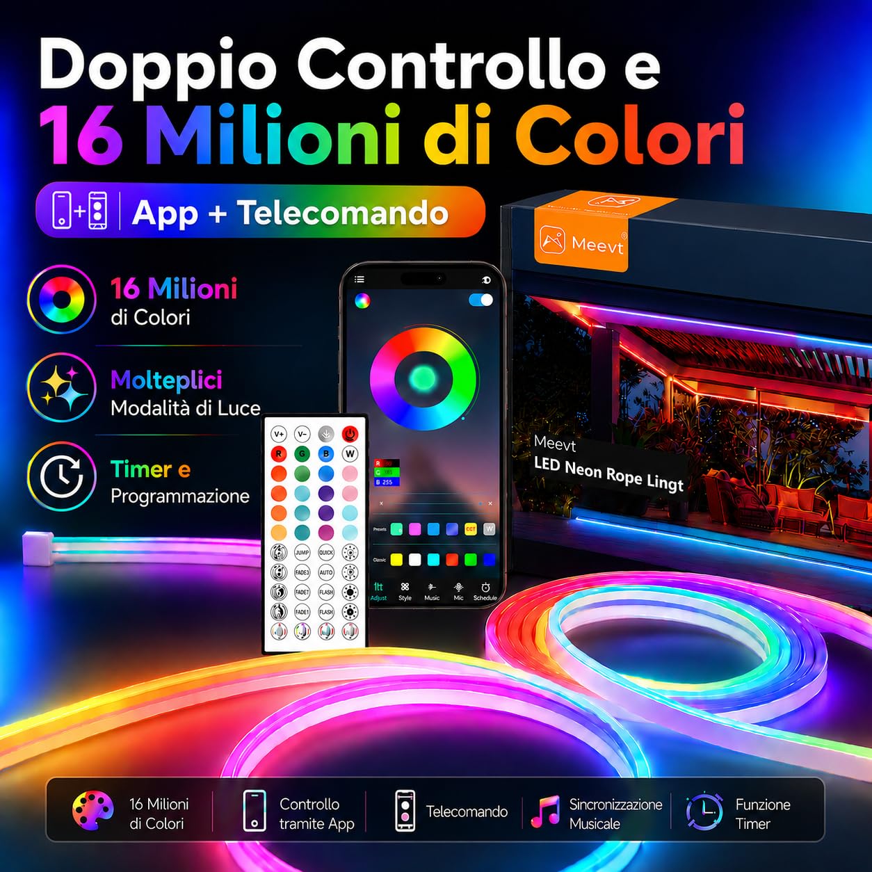 5M Striscia LED Neon, RGB, 24V Silicone Neon Luci LED Flessibile con Telecomando e APP, DIY, Sync Musica, IP65 Impermeabile, per Gioco, Festa e Decorazioni per Interni Esterni