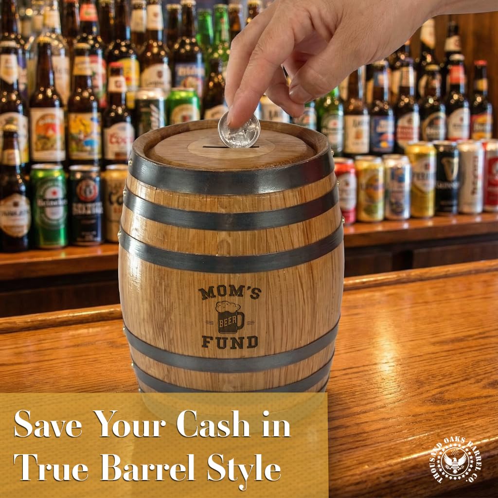 Thousand Oaks Barrel Co. Handmade Wooden Oak Barrel Adult Piggy Bank - Money Saver for Real Cash, Bills & Coins - Large 6.5 x 4.5 x 4.5 inches with 'Mum's Beer Fund' Engraving - Piggy Banks for Adults