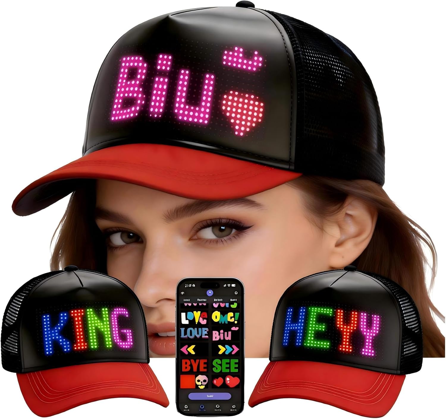 Programmable LED Hat Bluetooth App Control, Custom Text Smart Baseball Cap, Rave Party Funny Hats, for Men