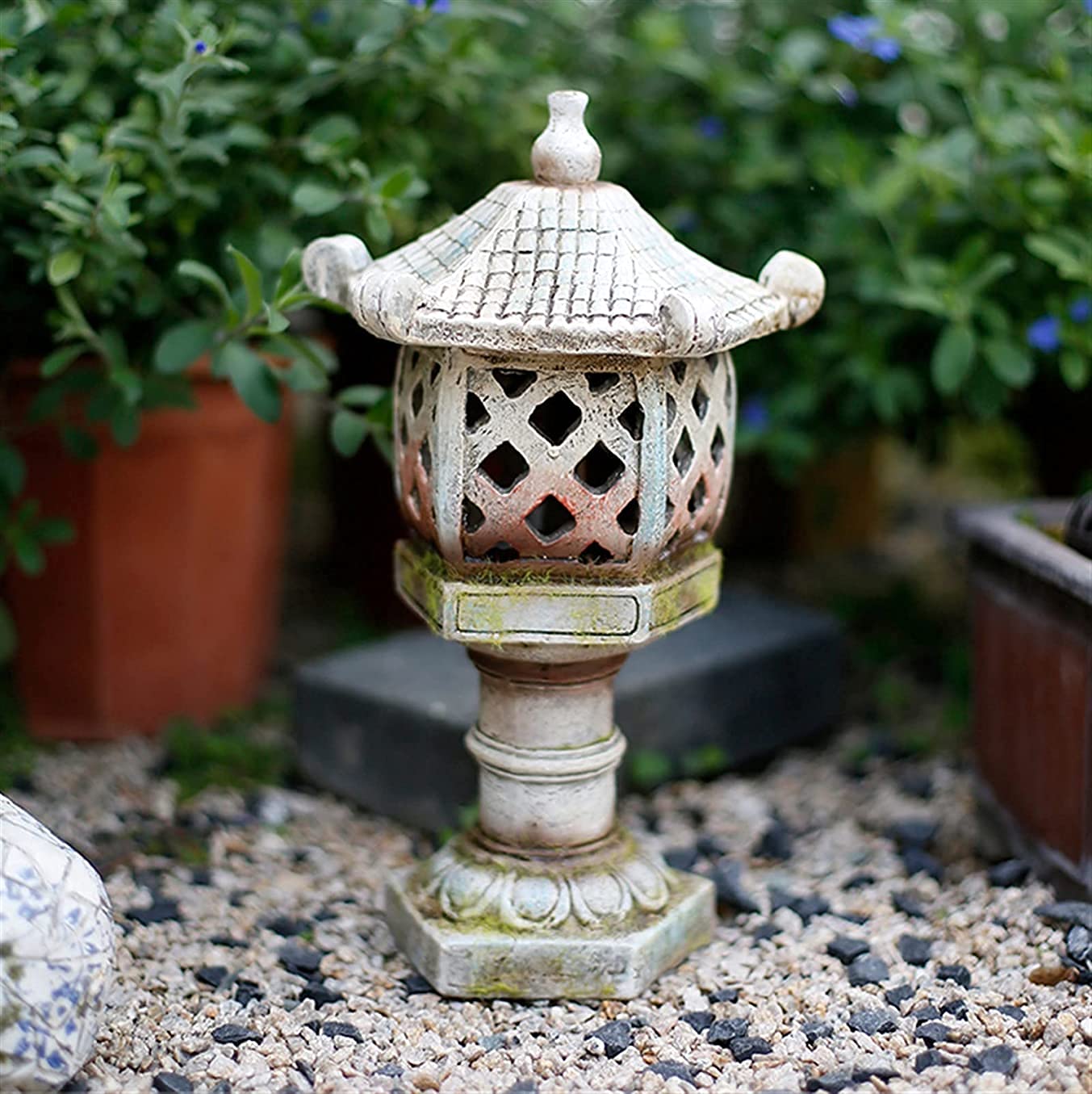 Solarny ogród japoński styl pagoda latarnia statuetka, zasilany energią słoneczną żywica rzeźba zewnętrzna lampa ogrodowa, na patio, trawnik, 30 cm wys