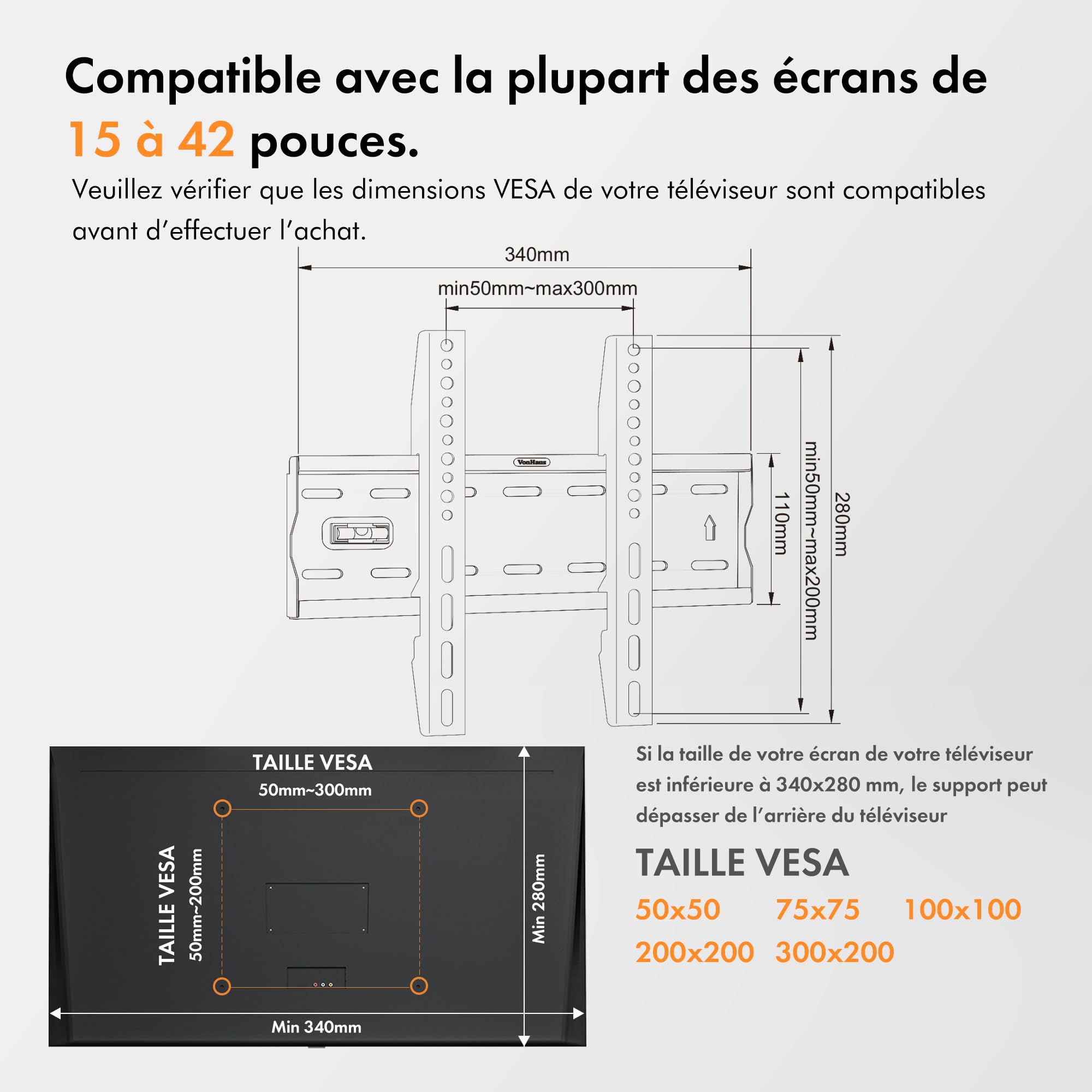 VonHaus Support Mural TV Ultrafin pour Écrans 32-70" - Support TV Mural avec Niveau à Bulle - Capacité de 45 kg - VESA Max : 400 x 400 mm