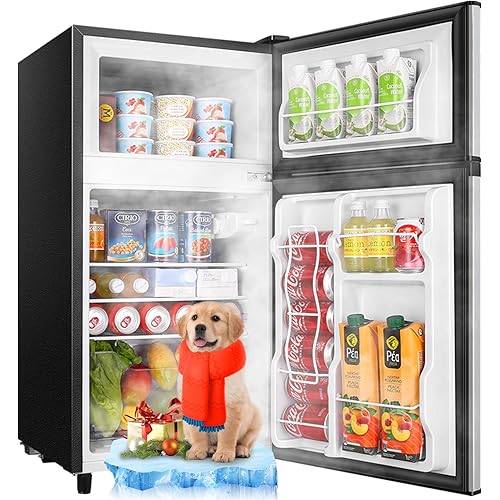 WANAI 100L Mini Fridge with Freezer Compact Refrigerator with Freezer, 7 Level Adjustable Thermostat and 2 Removable Shelves Freestanding Small Refrigerator for Office Dorm Apartment (Silver)