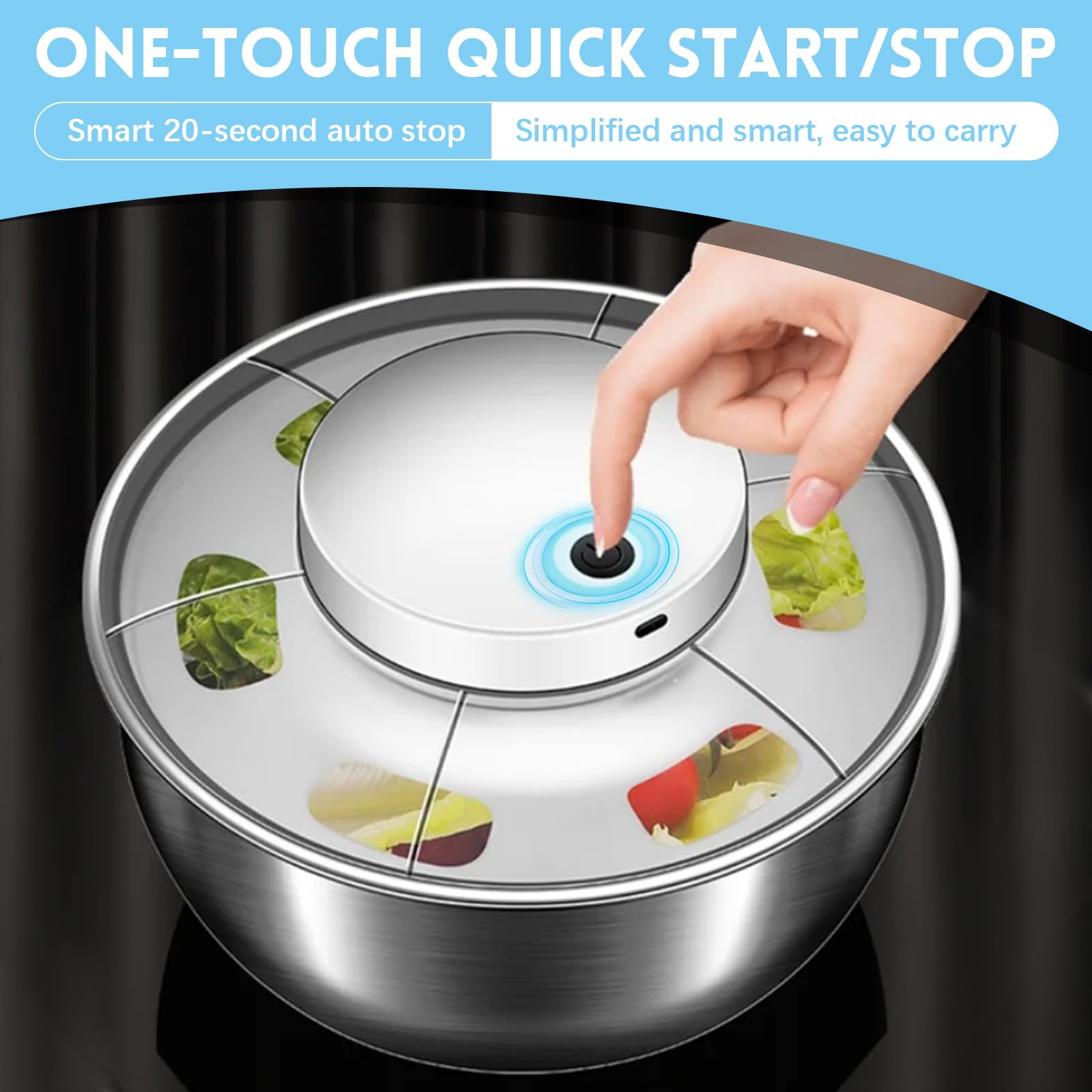 Centrifuga per insalata, 4,5 l, in acciaio inox, con centrifugazione automatica, fondo antiscivolo e ricaricabile tramite USB, asciugatore per frutta e verdura con coperchio, grande centrifuga per
