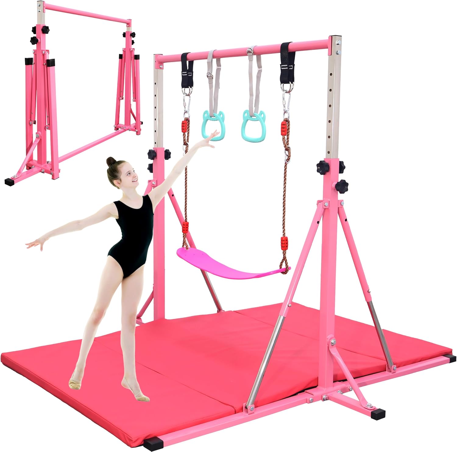 Foldable Gymnastics Bar,5FT Horizontal bar,Adjustable Kids Training bar for Kids Ages 3-15,Kids Gymnastics bar,Triangle Stable Structure-Gym Equipment for Home 5 FT Bar-Swing-Rings-Mat Pink-Mat
