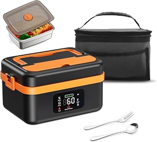 Fiambrera Electrica, 1L Inteligente Taper Electrico para Comida con Pantalla Táctil, Fiambrera Termica Portátil con Vajilla de Acero Inoxidable y Bolsa Aislante para Coche Oficina Viajes