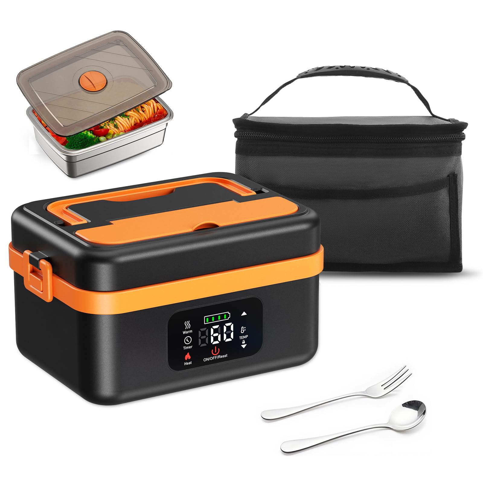 Scaldavivande a Batteria Ricaricabile, 1L Scalda Vivande a Batteria Ricaricabile, 16000 mAh , Scaldavivande Portatile con Stoviglie e Sacchetto Isolato per Ufficio, Picnic, Auto e uso All'aperto