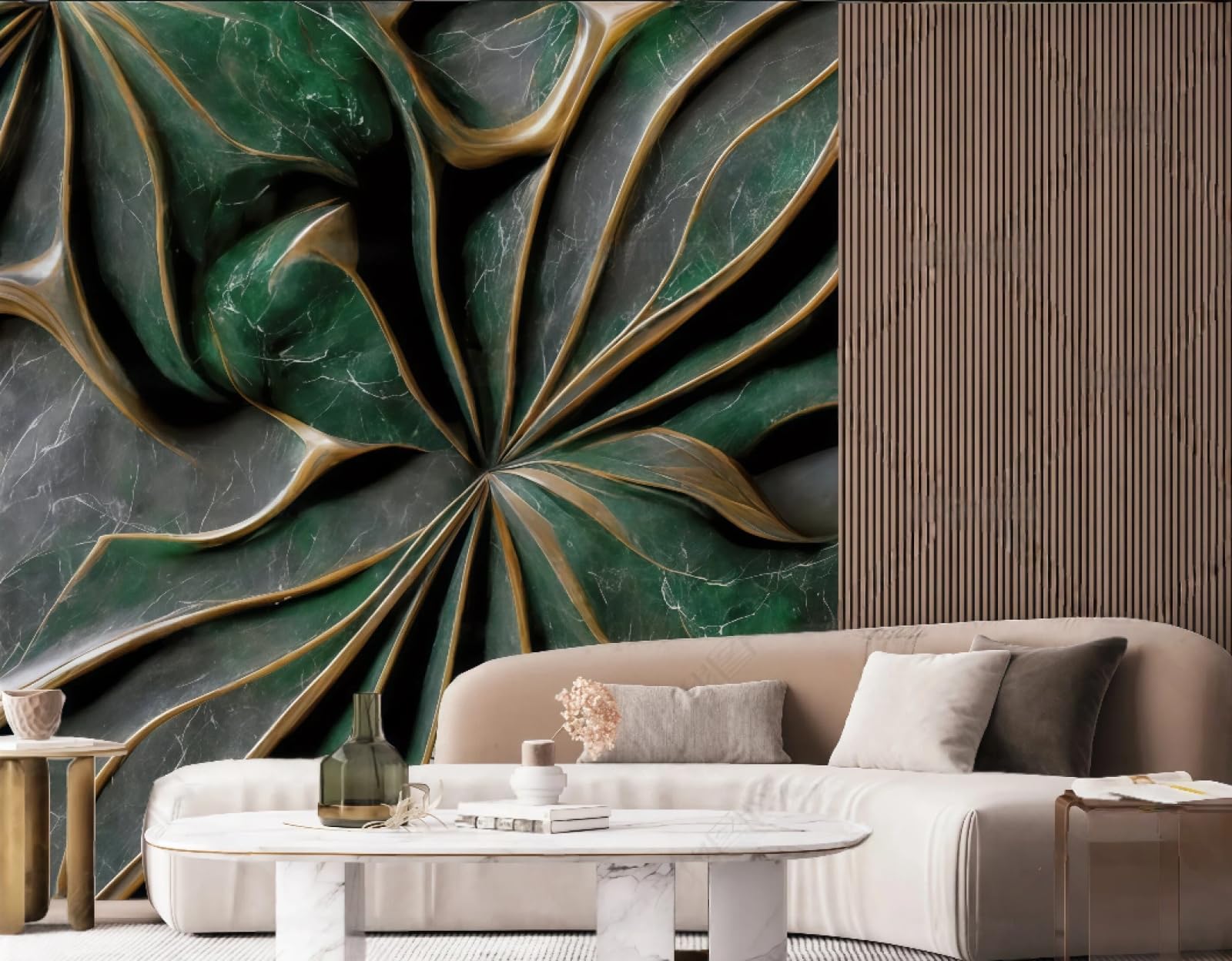 Trójwymiarowa tapeta Skała Miedź Kwiat Wytłoczony Abstrakcyjny Zielony Szmaragdowy Wzór Marmur TV Sofa Tło Tapeta Mural Salon Restauracja Kawiarnia, 3D, 250x175cm