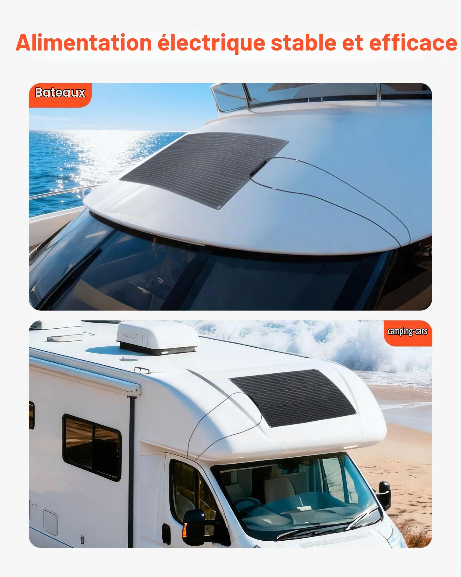 VEVOR Panneau Solaire Monocristallin Semi Flexible 100 W Panneau Solaire Souple Rendement 23% Chargeur Hors Réseau pour Surfaces Courbes Bateau, Camping-car, Voiture, avec Sortie MC4, Étanche IP67