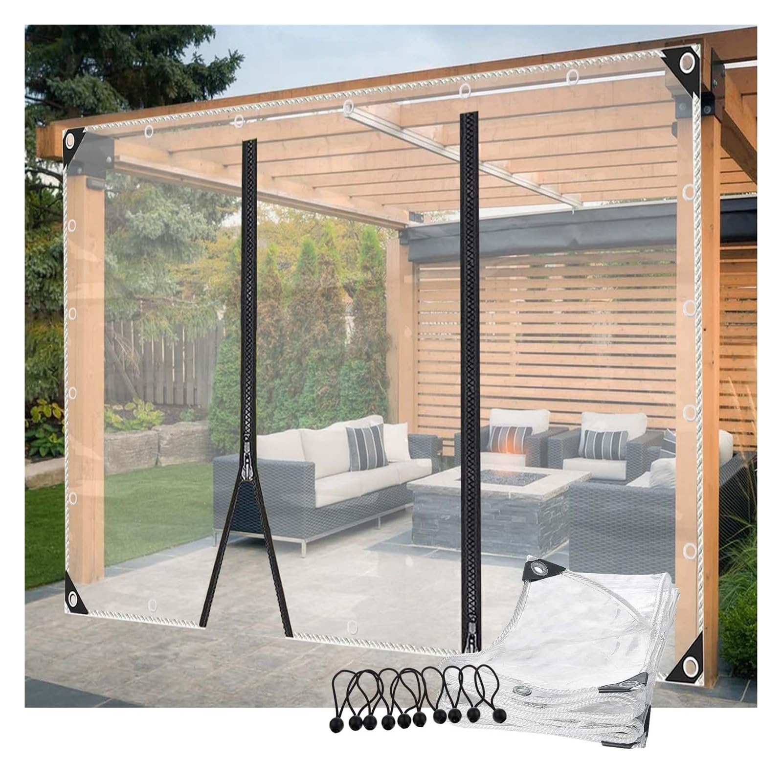 Kubaos Clear Pergola Waterproof Side Panels With Zipper Door Transparent Outdoor Weatherproof Curtains Plastic Tarpaulin For Garden, Balcony, Gardens(3X2.5m/9.8X8.2ft)