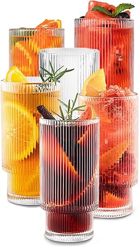 XKXKKE Juego de 6 vasos de bebida acanalados de 12 onzas, cristalería transparente vintage para café helado, vasos altos para cola de coocktail,