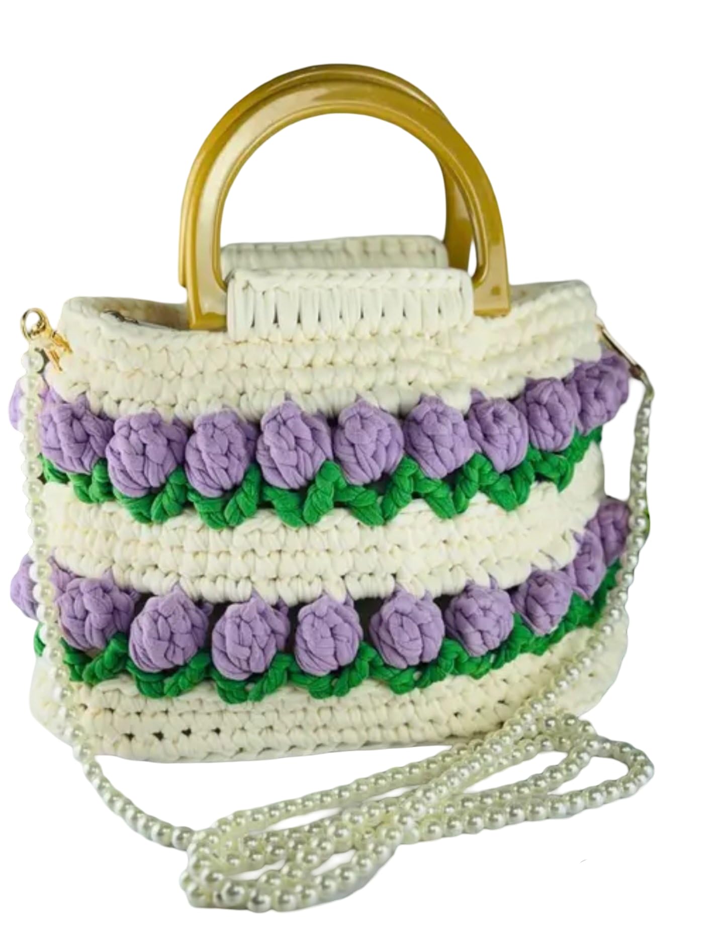 Bolso de mano de ganchillo con diseño floral, blanco y morado, asa dorada, correa de perla
