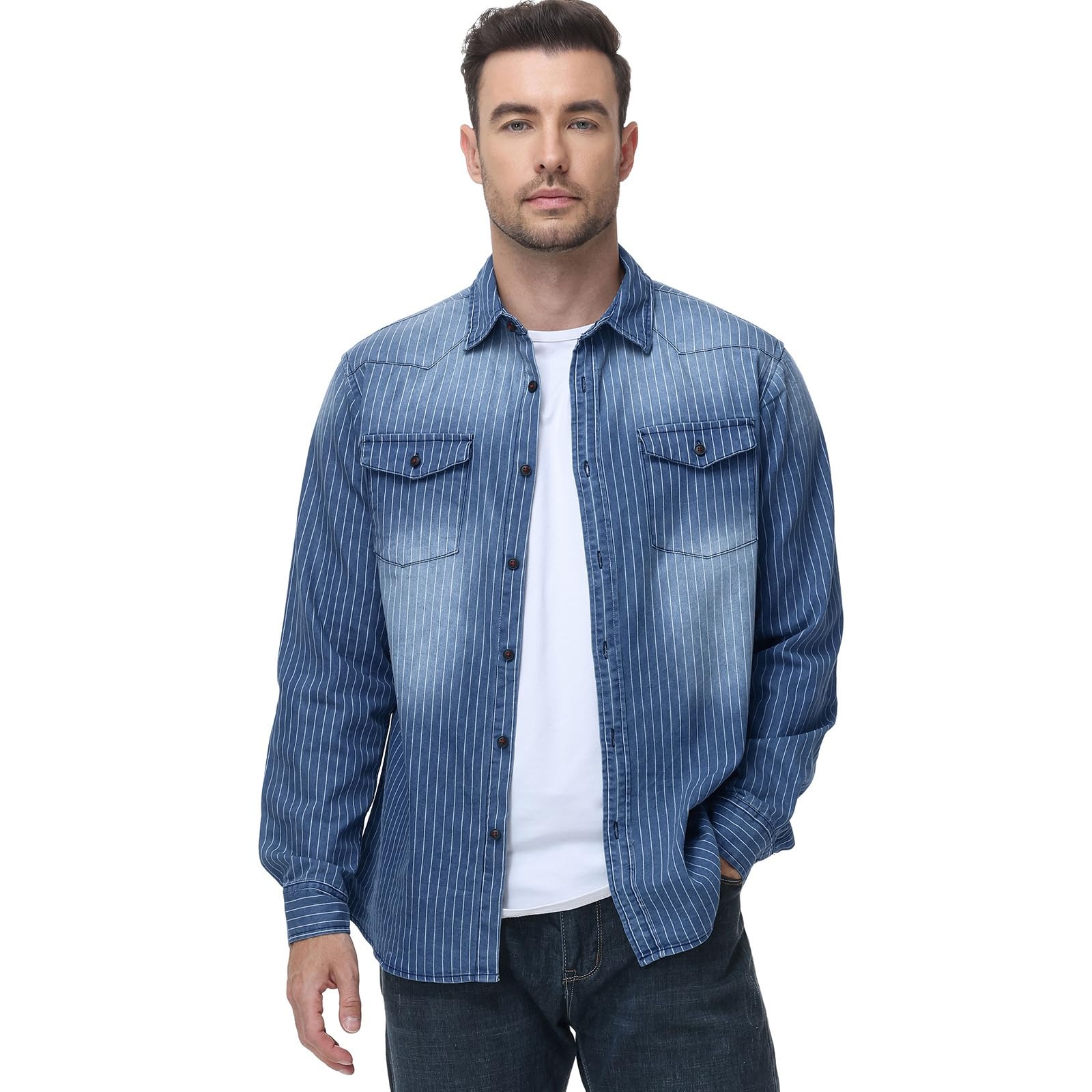 HOTIAN Chemise pour Homme, en Denim, à Manches Longues, pour Loisirs, Affaires, Coupe ajustée