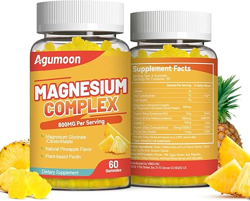 Miniatura 8 de Gomitas complejas de magnesio de 800 mg con zinc y vitaminas B6, B12, C, D3, 60 gomitas de piña, glicinato de alta absorción, citrato, malato, sin