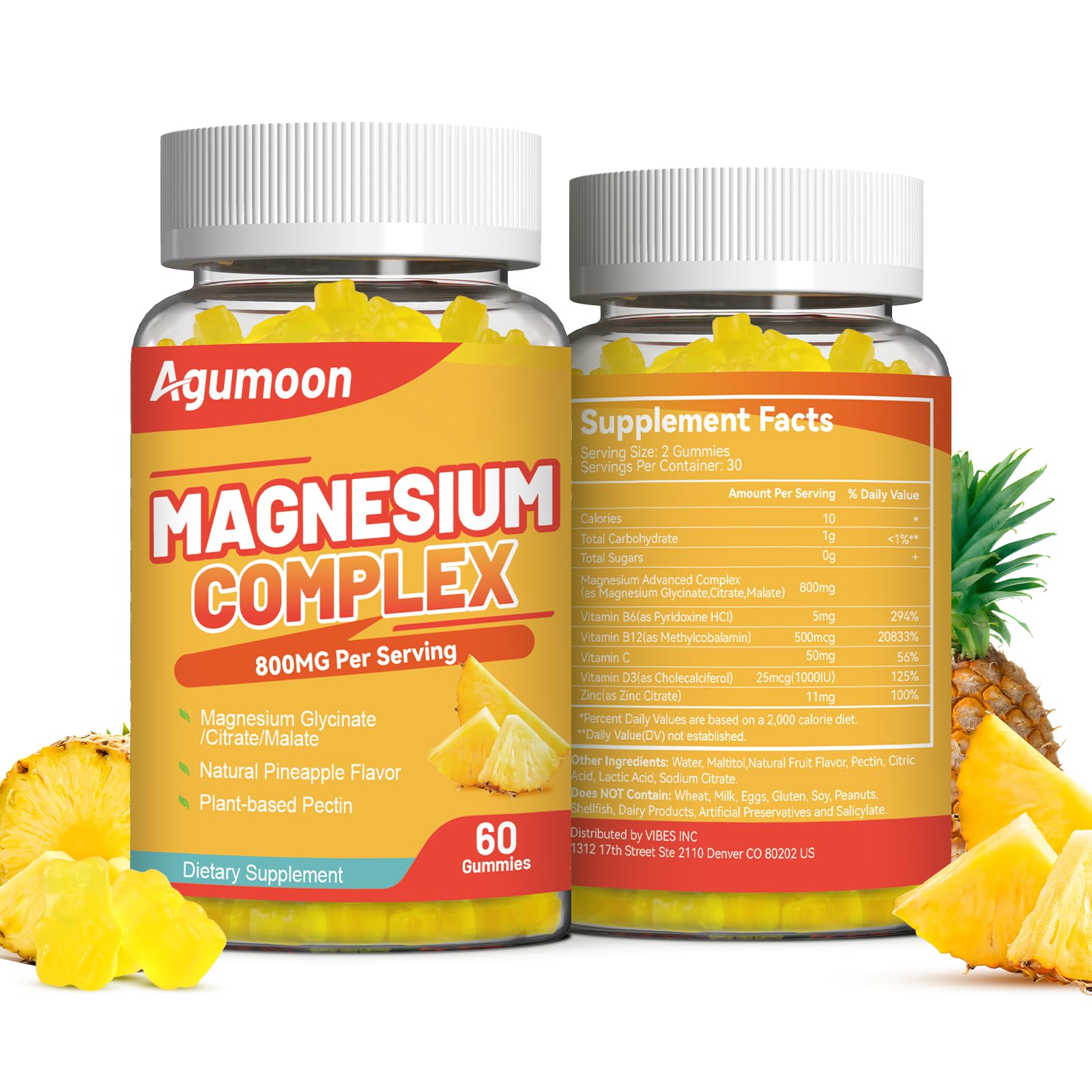 Magnesium Complex Gummies 800mg with Zinc & B6, B12, C, D3, 120 Count 60 Count (Pack of 2)